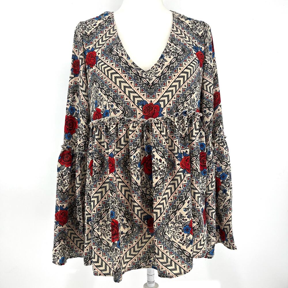 Roper Western V neck Rose Dimond Blouse Long Bell Sleeve Medium Blouse‎ tunic